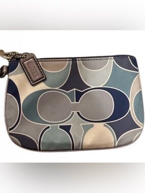 Coach Optic C Satin Wristlet Pouch Silver Leather Strap Teal & Blue Hangtag